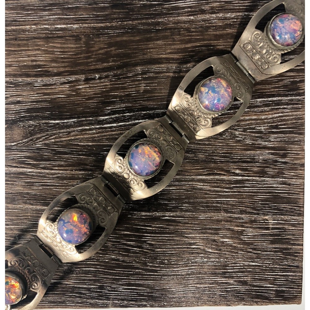 Vintage Mexican Alpaca Fire Opal Slash Foil Opal Glass Bracelet 7”